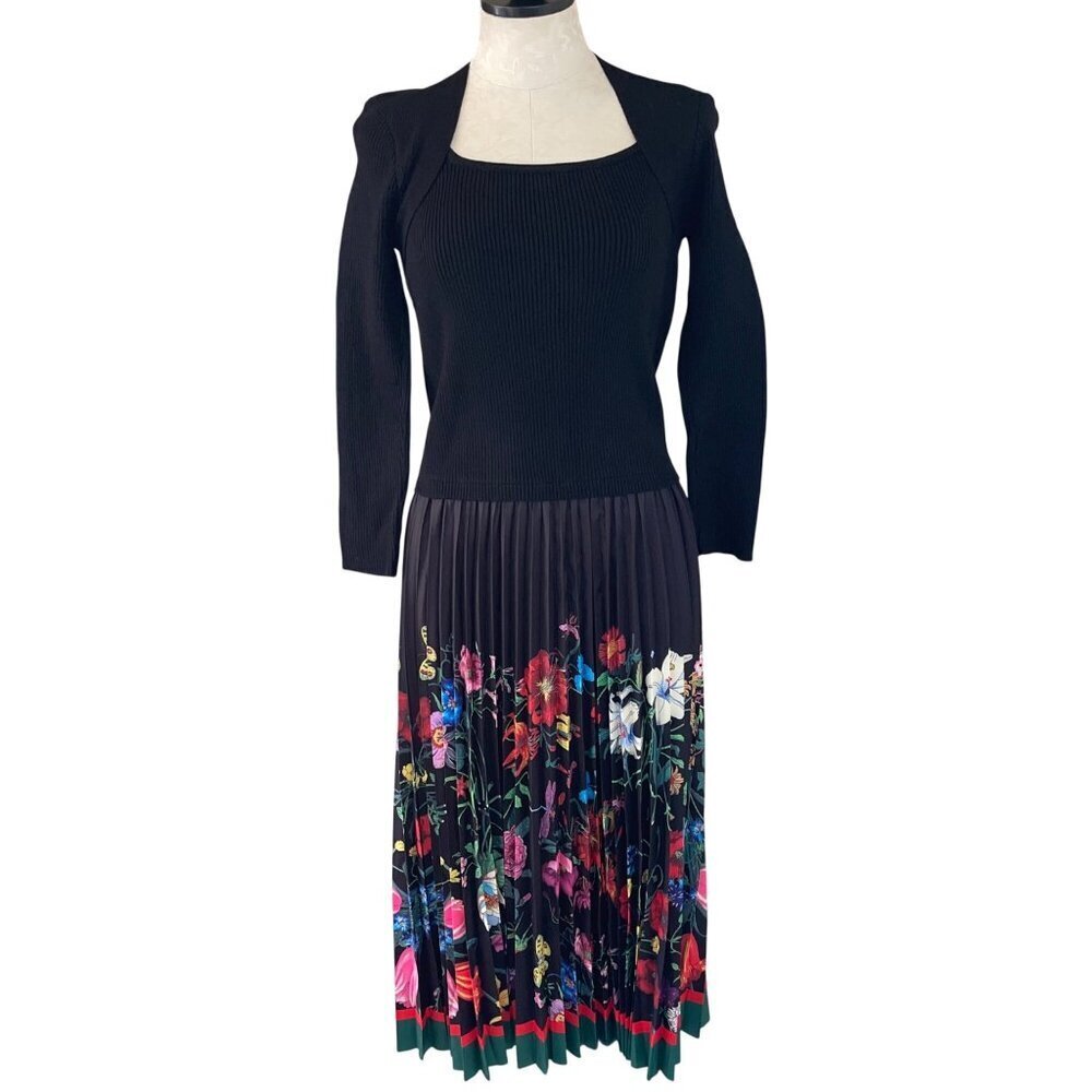 Dalia MacPhee Womens Skirt Dress Size Large Black Knit Accordian Floral New